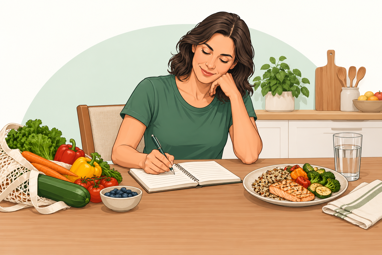 Una mujer organiza sus comidas con un cuaderno, alimentos y un plato preparado.
