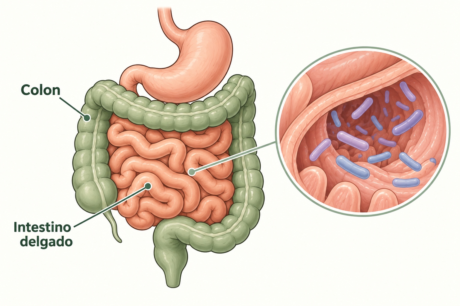 Esquema del aparato digestivo: intestino delgado en terracota, colon en verde y una ampliación simbólica de las bacterias del intestino delgado.