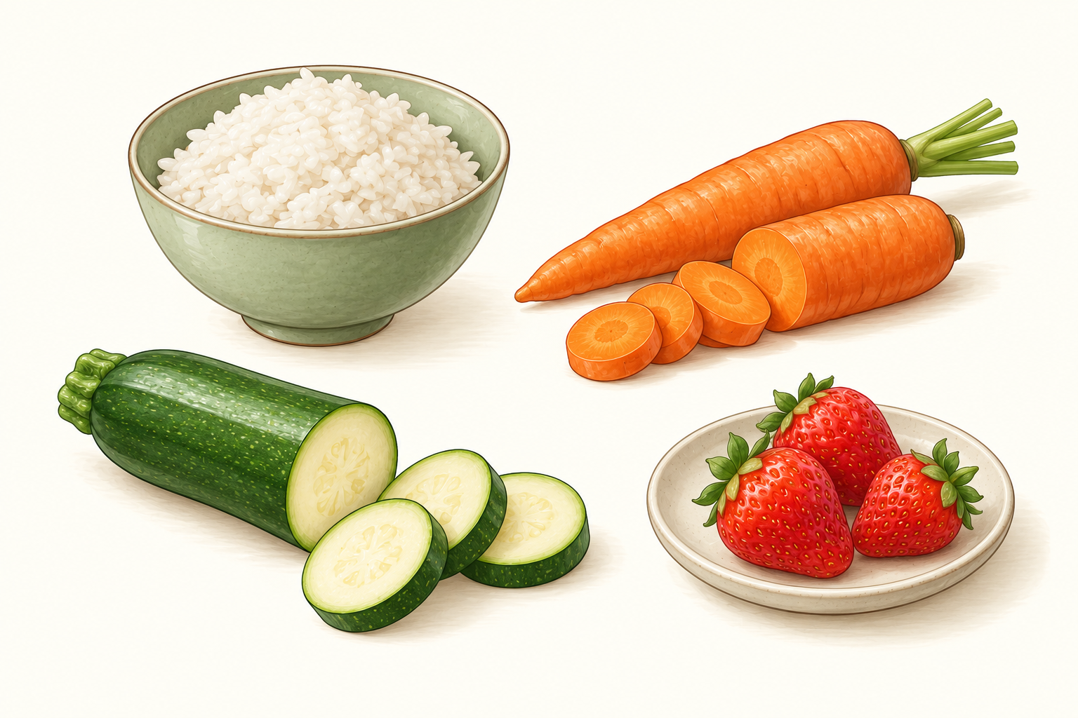 Ilustración de un cuenco de arroz blanco, zanahorias, calabacín cortado y tres fresas en un plato, presentados por separado.