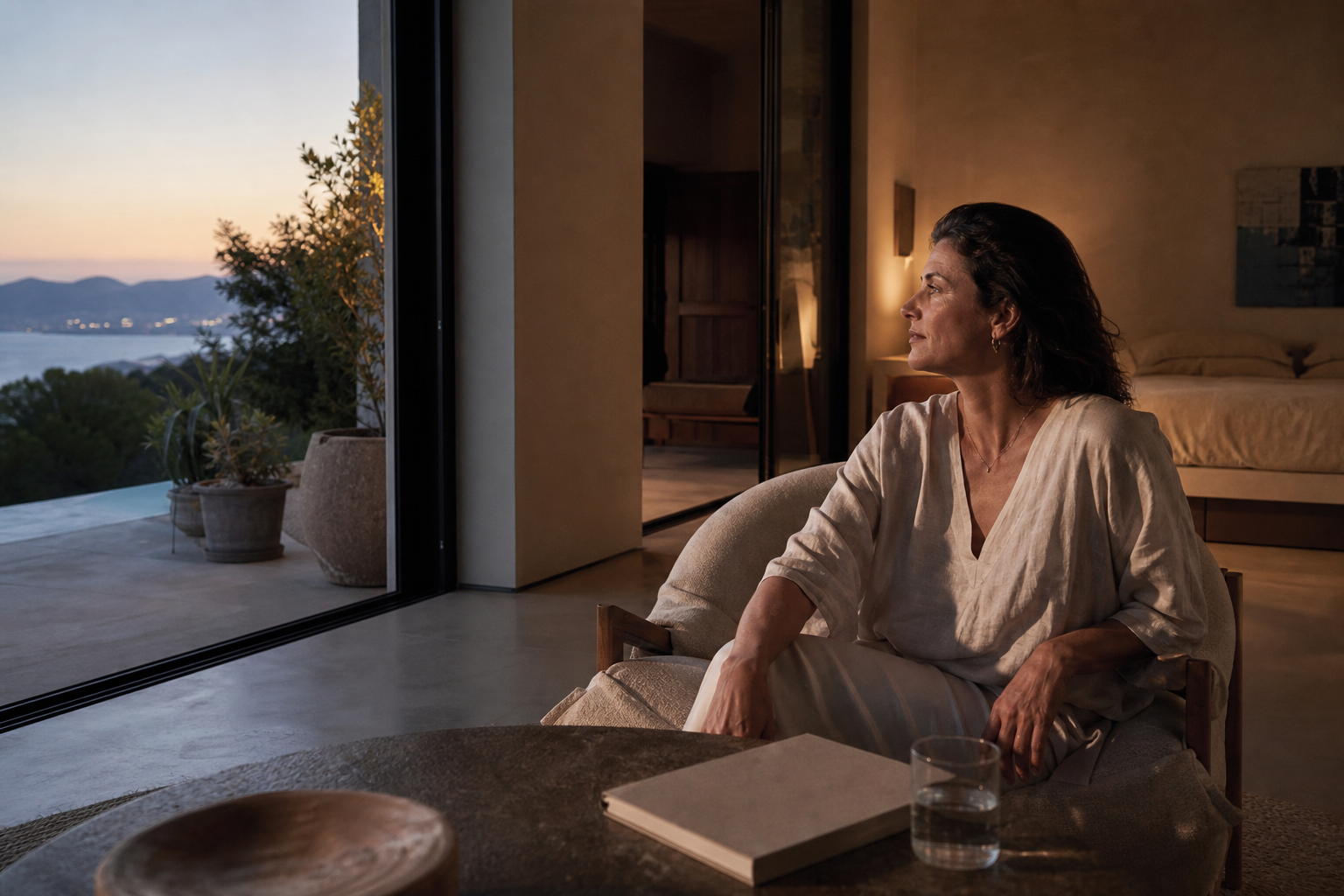 Mujer adulta en una vivienda mediterránea al anochecer, junto a una terraza abierta y un dormitorio iluminado.