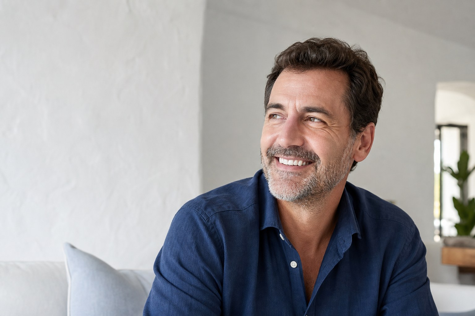 Hombre adulto sonriendo de forma natural en un interior claro y luminoso.