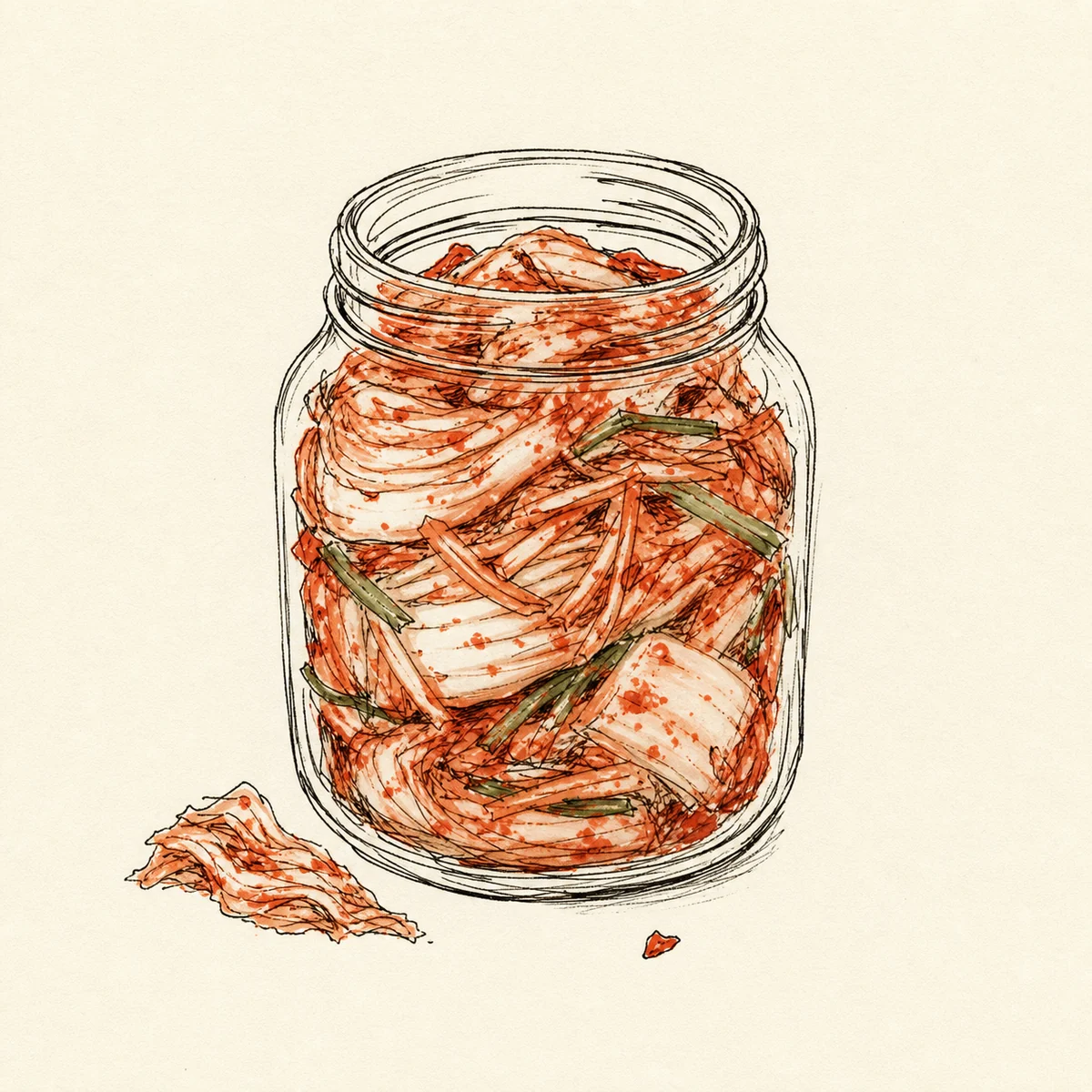 Dibujo a mano alzada de un tarro de kimchi con col y verduras fermentadas.
