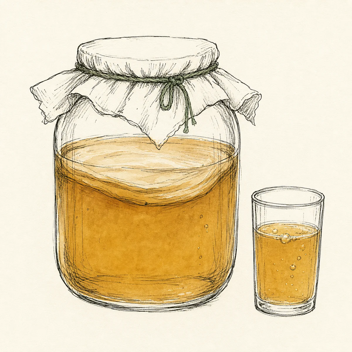 Dibujo a mano alzada de un tarro de kombucha y un vaso con la bebida.