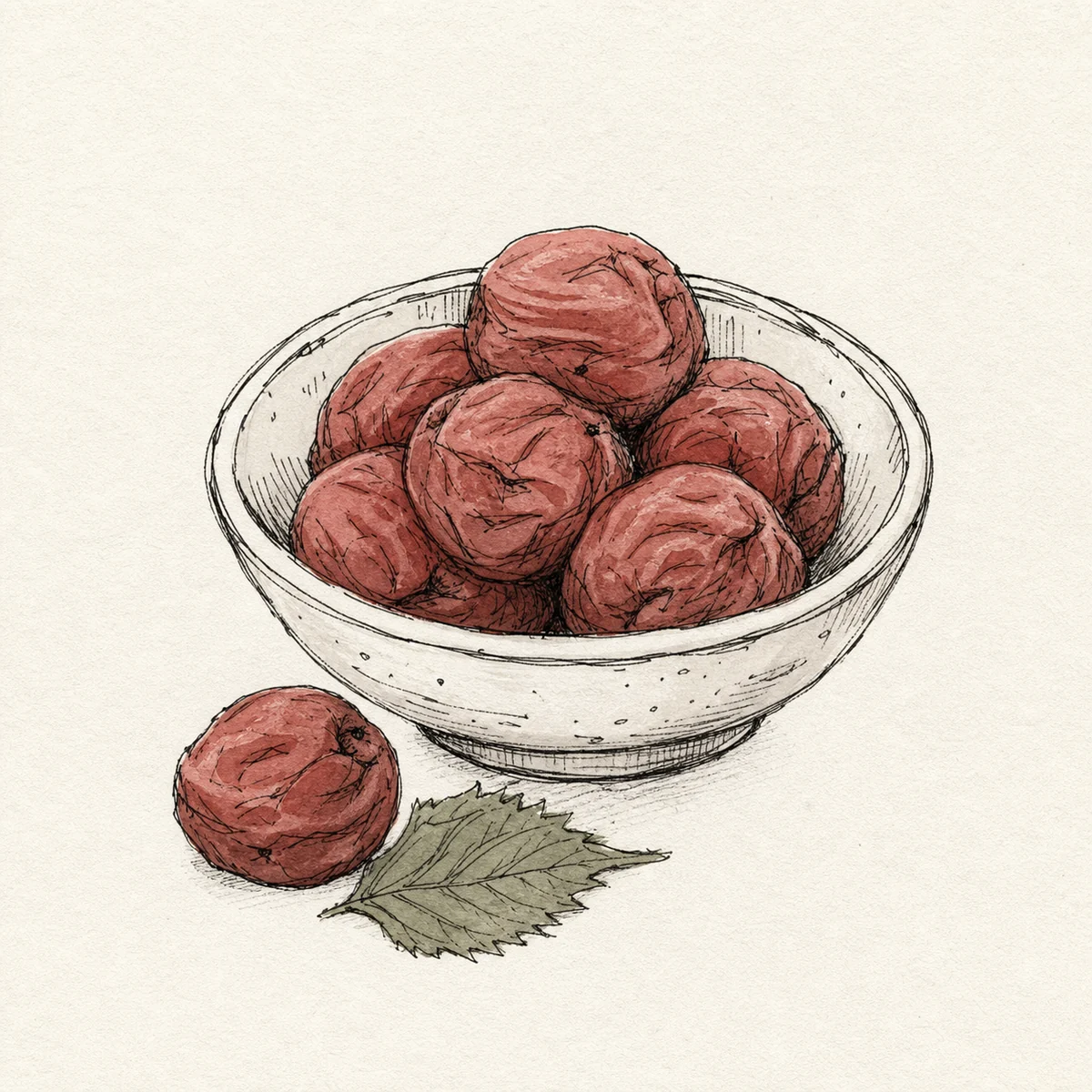 Dibujo a mano alzada de ciruelas umeboshi en un cuenco de cerámica.
