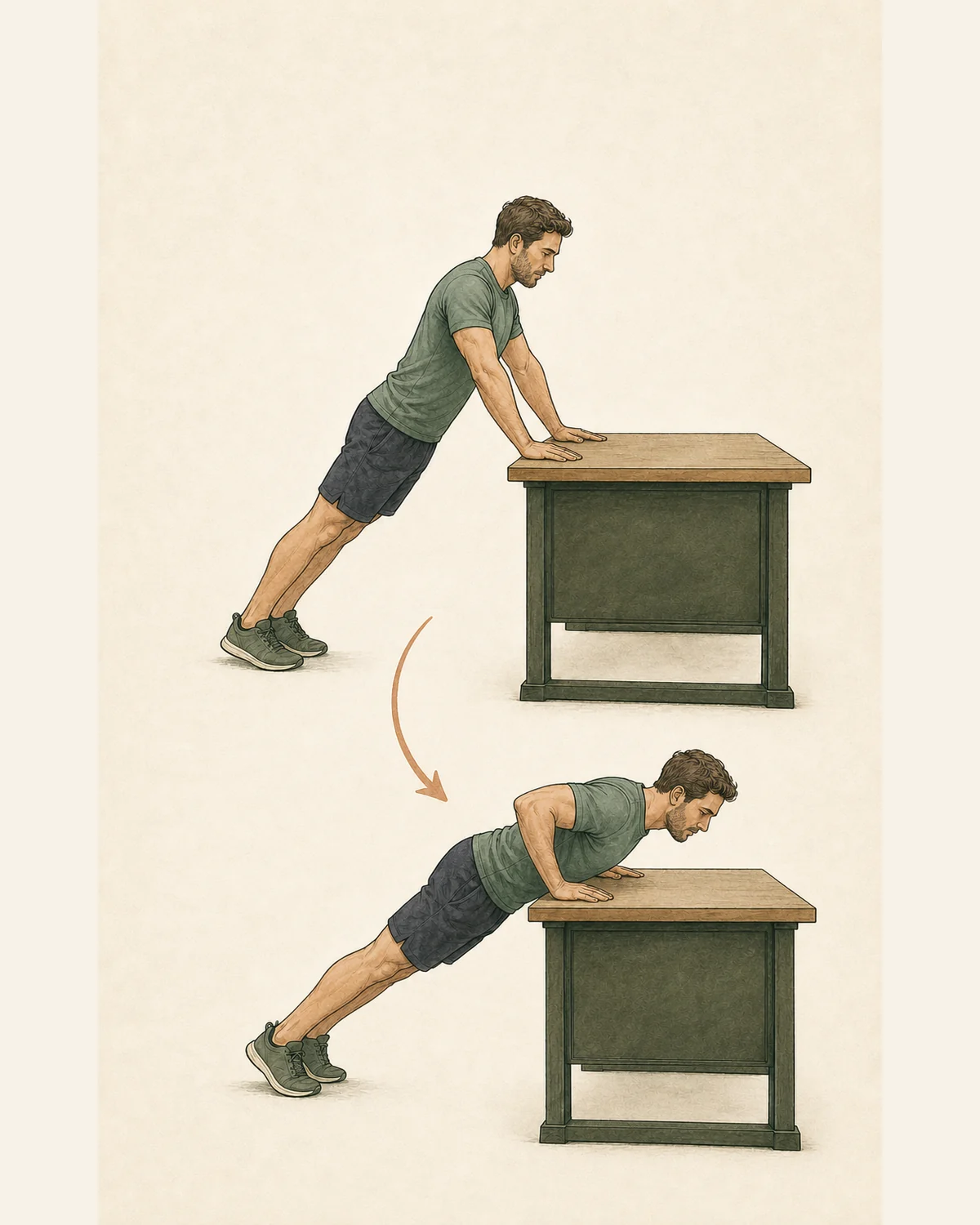 Ilustración en dos fases de un hombre realizando una flexión inclinada sobre una mesa firme.