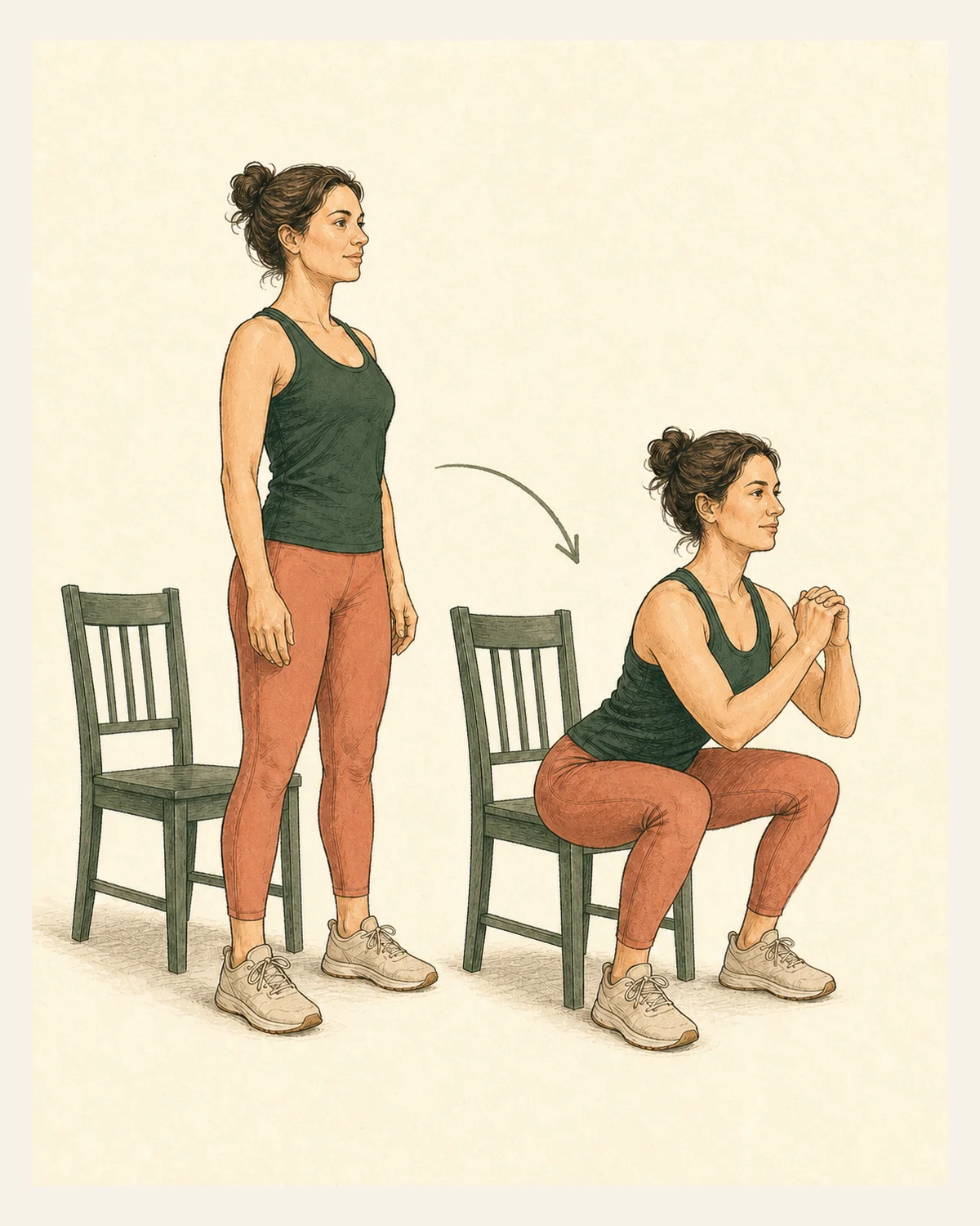 Ilustración en dos fases de una mujer realizando una sentadilla con una silla como referencia.