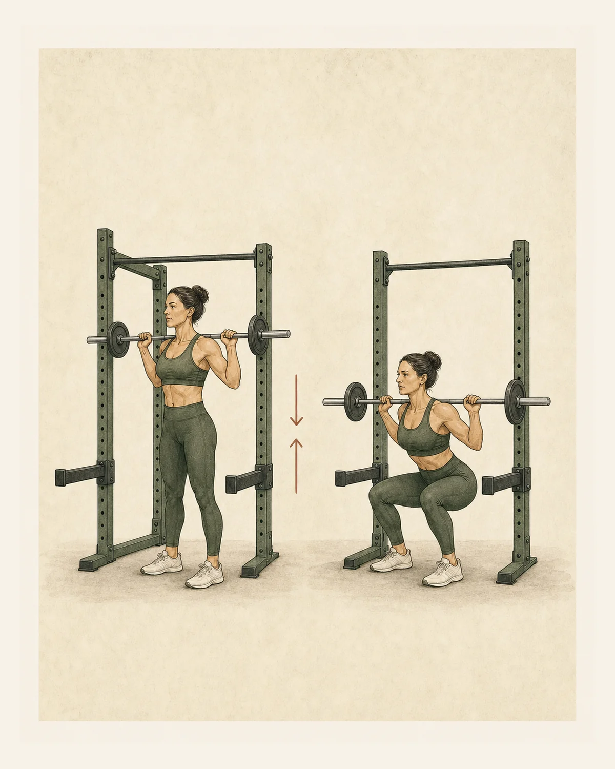 Ilustración en dos fases de una mujer realizando una sentadilla con barra dentro de un rack.