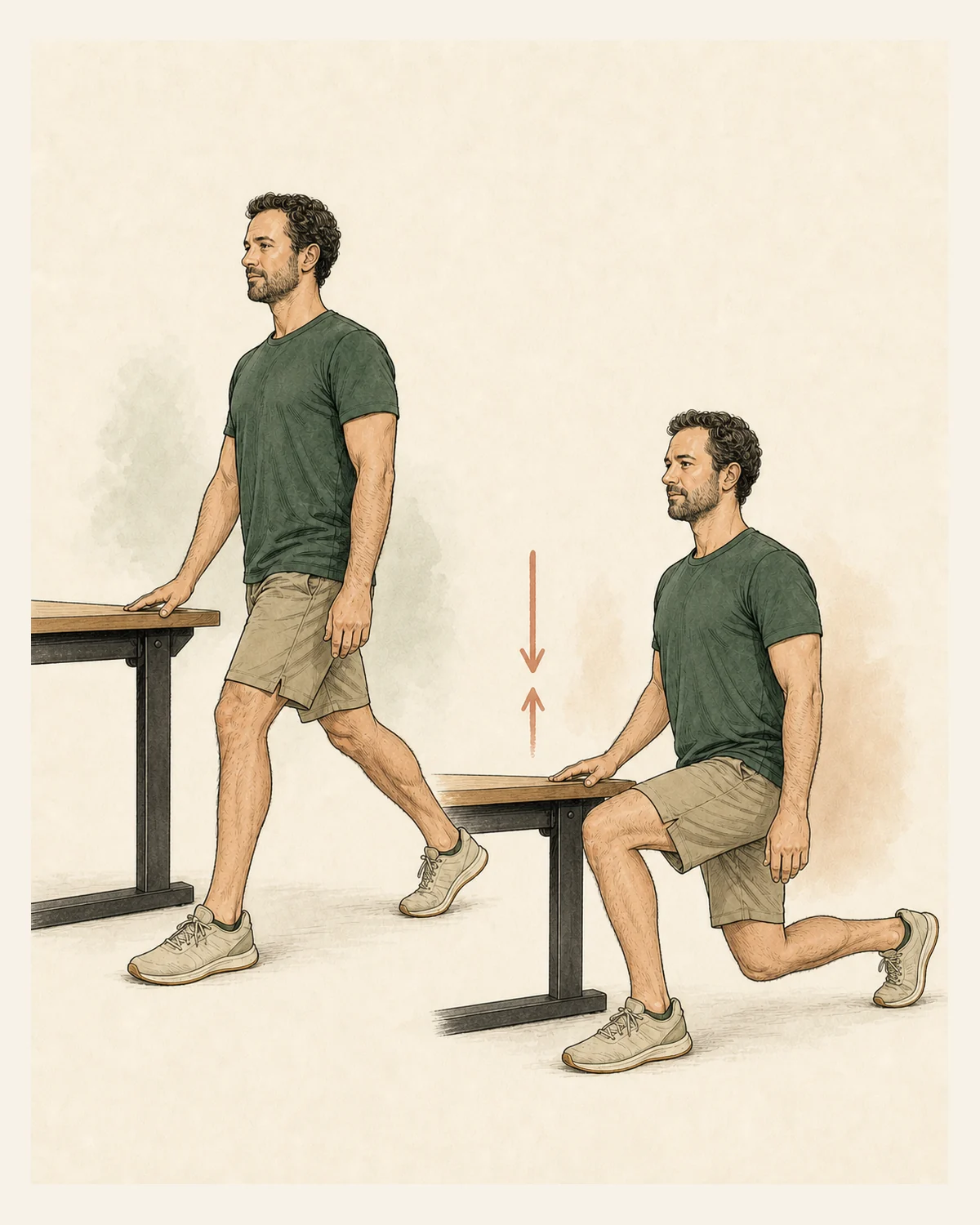 Ilustración en dos fases de un hombre realizando un split squat con apoyo ligero.