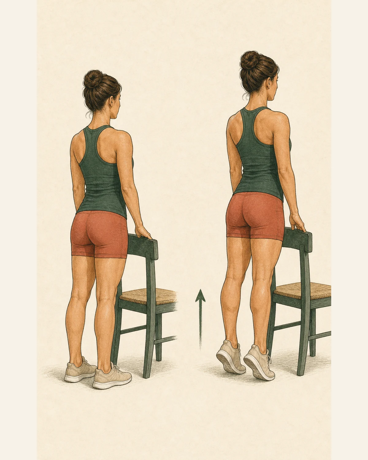 Ilustración en dos fases de una mujer realizando una elevación de talones con apoyo.