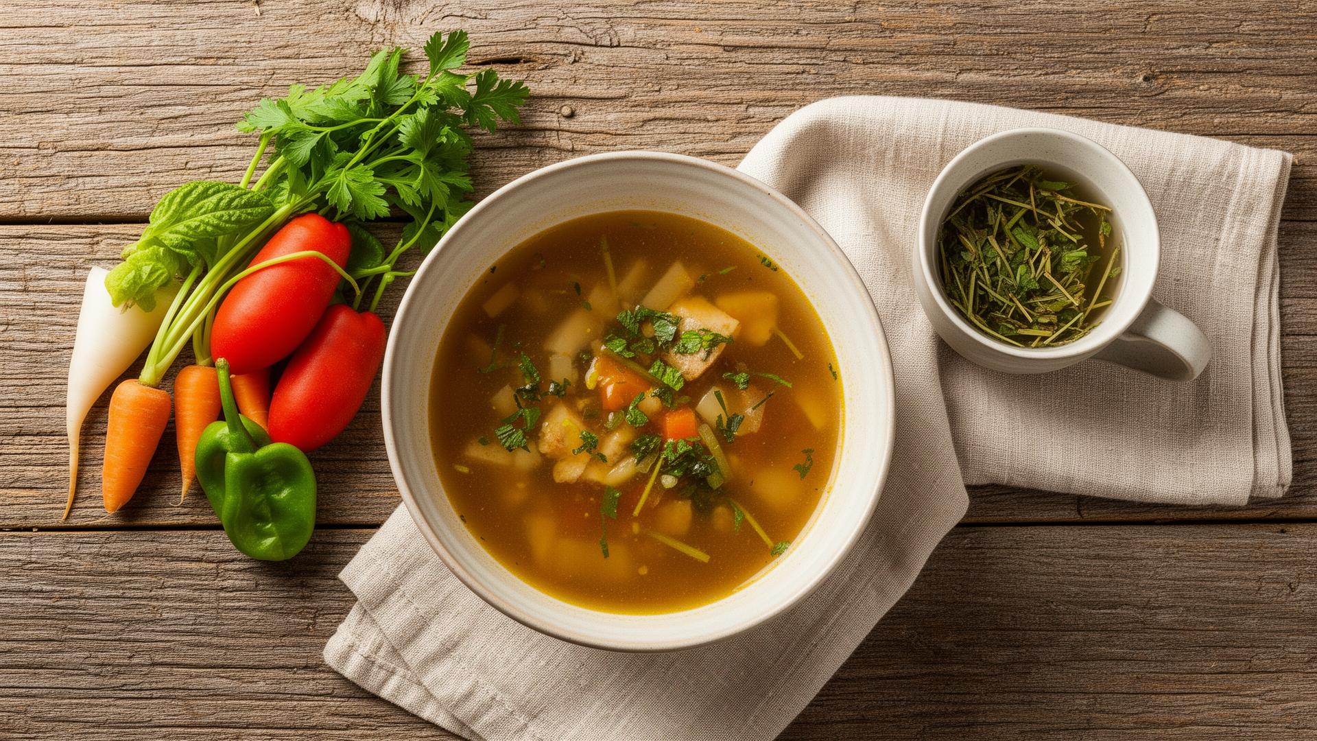 Soupe maison avec légumes frais et tisane sur table en bois