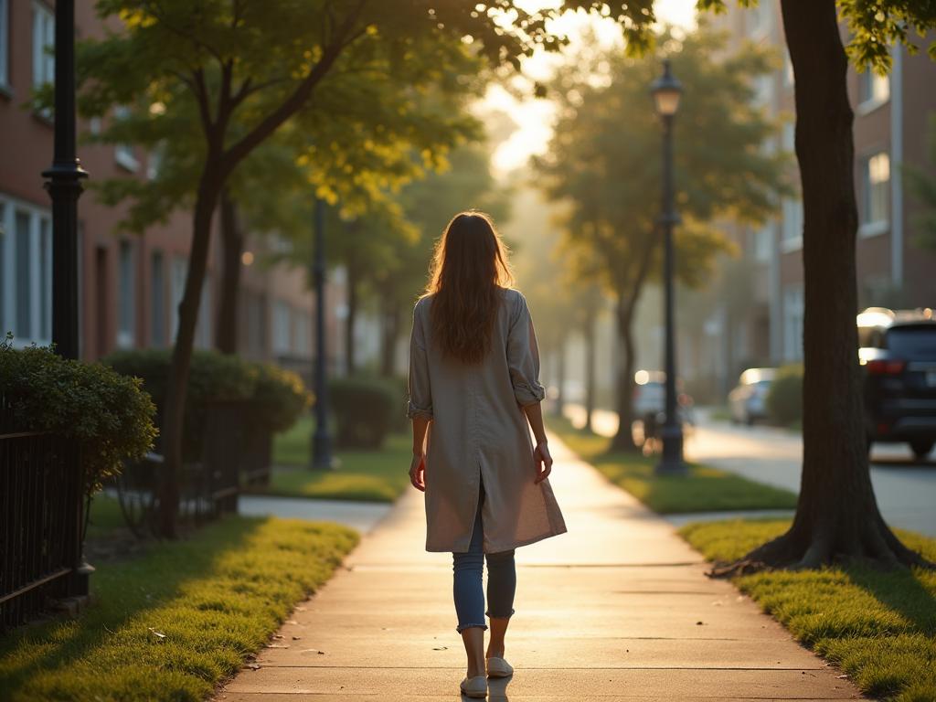 Frau geht im Morgenlicht eine von Bäumen gesäumte Straße entlang: aktiver Alltag