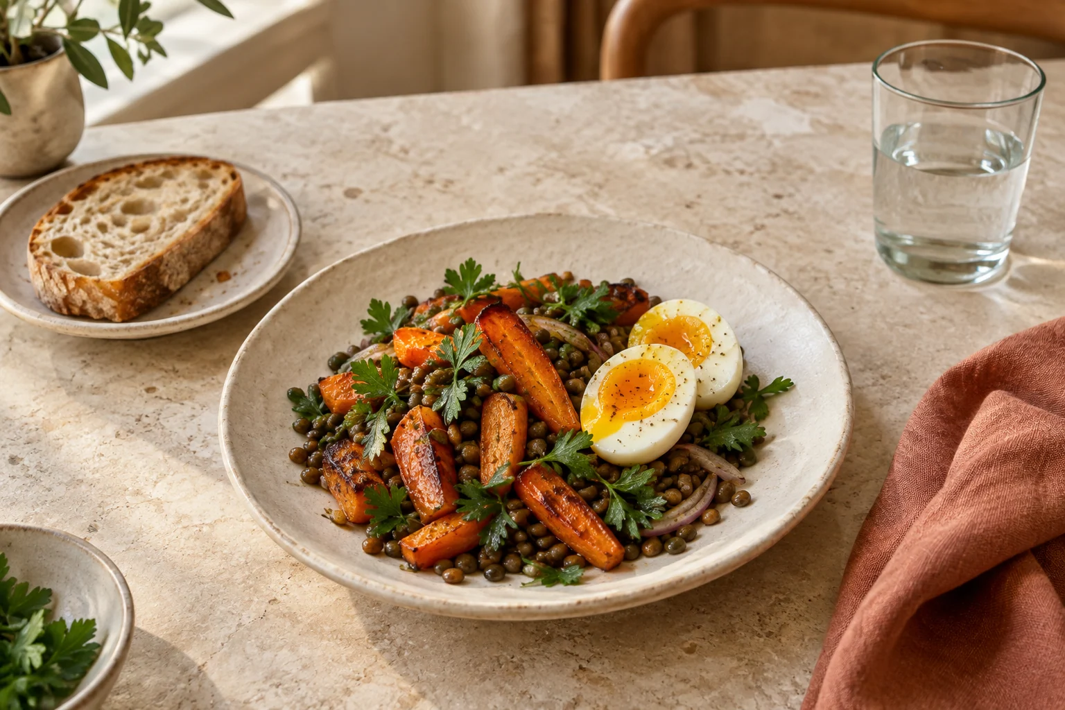 Plato de lentejas, verduras y huevo, acompañado de pan y agua en una mesa de piedra clara.