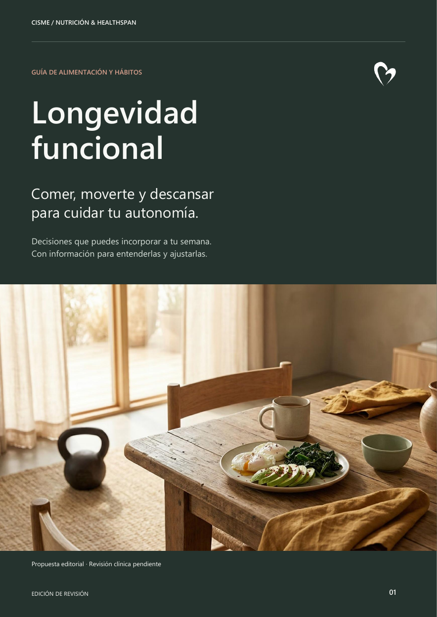 Portada de Longevidad funcional: comer, moverte y descansar para cuidar tu autonomía. CISME Nutrición & Healthspan.