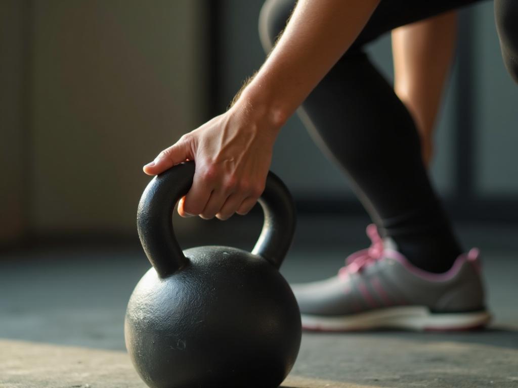Hand einer Frau an einer Kettlebell im Fitnessstudio: Schwerpunkt funktionelle Kraft