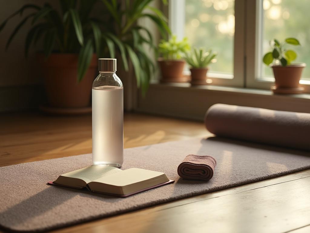 Tapis de yoga avec une bouteille d’eau et un journal près d’une fenêtre, espace de bien-être personnel