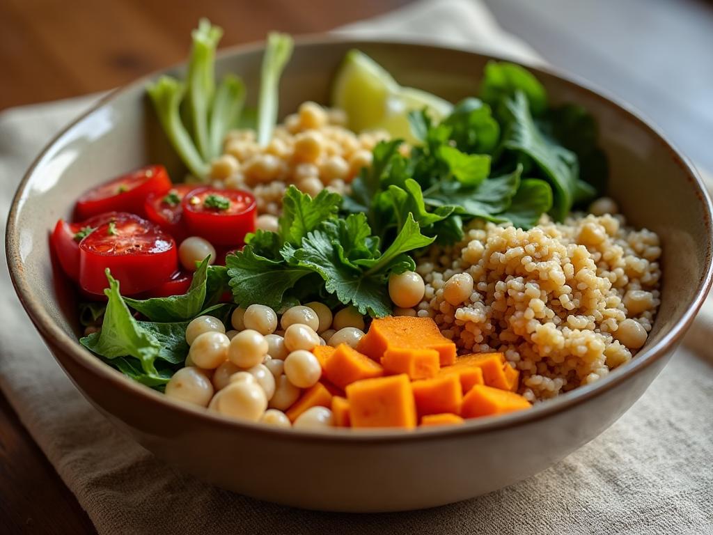 Bol de quinoa avec pois chiches, patate douce rôtie et légumes frais, repas équilibré à base d’aliments bruts